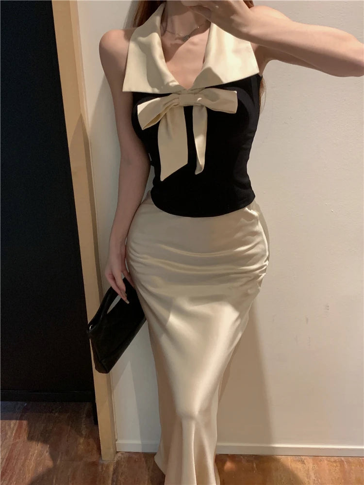 Aiertu  -  Bow temperament collar hanging neck vest satin fish tail half skirt two-piece set women's summer fashion beautiful set Aiertu