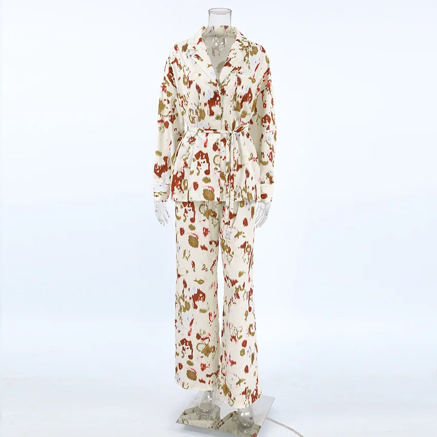 Aiertu  -  Print Casual Pants Sets Women Autumn Button Long Sleeve Lace-up Blouse+High Waist Straight Trouser Fashion Holiday 2 Piece Set Aiertu