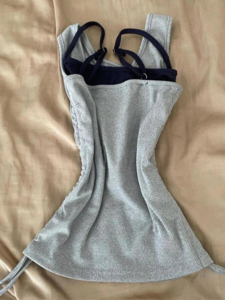 Aiertu  -  Fake Two Pieces Japanese Patchwork Tanks Letter Print Women Drawstring Tank Top Y2k Aesthetic Halter Backless Slim Fit Camisole Aiertu