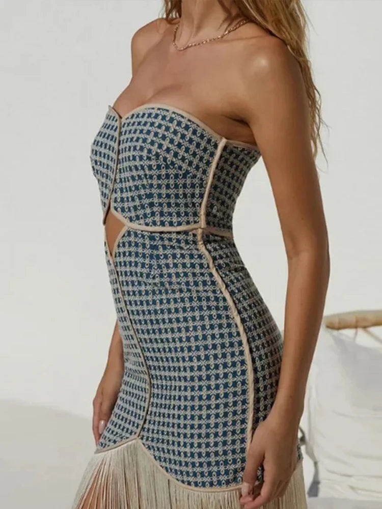 Aiertu  -  Chic Tassel Tube Top Dress Women Elegant Off Shoulder Zipper Backless Hollow Out Dresses 2026 Summer Lady Print Party Vestidos Aiertu