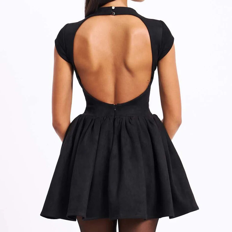 Aiertu  -  Spring 2025 Women Black Wine Red Backless Dress O Neck Short Sleeve A-line Mini Velvet Dresses Party Robe Aiertu