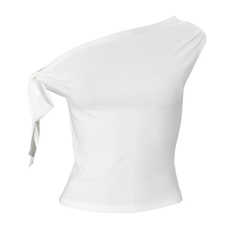 Aiertu  -  2000S New Fashion Folds Bow Solid Color Short Sleeve Sheath T-shirt 2025 Spring Women's Casual Style Slim Fit Lace-up Tees Top Aiertu