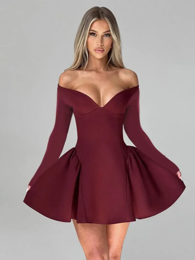 Aiertu  -  Women Corset A-line Party Dress Lady V-neck Off Shoulder Long Sleeve High Waist Tunics Short Dress Ruched Pleated Birthday Gowns Aiertu