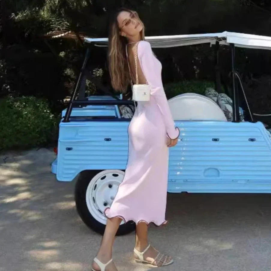 Aiertu  -  Winter Long Sleeve Knitted Dress Women Elegant Ruffles Maxi Dress Pink  Autumn Bodycon Party Dress Sexy Long Knitwear Aiertu