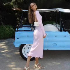 Aiertu  -  Winter Long Sleeve Knitted Dress Women Elegant Ruffles Maxi Dress Pink  Autumn Bodycon Party Dress Sexy Long Knitwear Aiertu