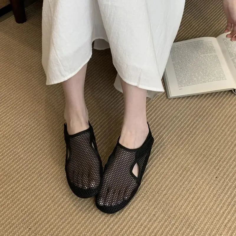 Aiertu    -  Red Ballet Flats Women Low Heel Pumps Summer Mesh Mary Jane Shoes Comfort Flat Shoes Black Round Toe Ladies Beach Aiertu