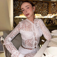 Aiertu  -  Sexy Lace Up Cardigan T-Shirt Female See Through Lace Flare Sleeve T-shirt Top Hot Girl Slim Fit Solid Splice Short Top Aiertu