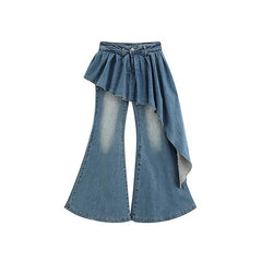 Aiertu  -  Y2k Skirt Overlay Boot Cut Pants Women Asymmetrical Wide Leg Fake Two-piece Flare Jeans Tall Girl Korean Streetwear Aiertu