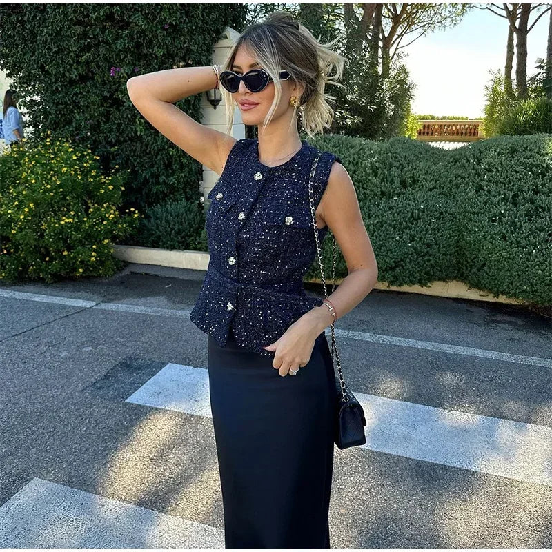 Aiertu  -  Elegant Solid Tweed Sequin Women Vests Sleeveless O-Neck Female Tank Fashion Slim Autumn Single Breasted Lady Waistcoat Aiertu