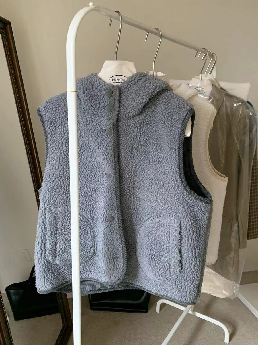 Aiertu  -  Winter New Solid Lambswool Hooded Vest Women Single Breasted Sleeveless Jacket Korean Fashion Casual Pocket Waistcoat Outerwear Aiertu