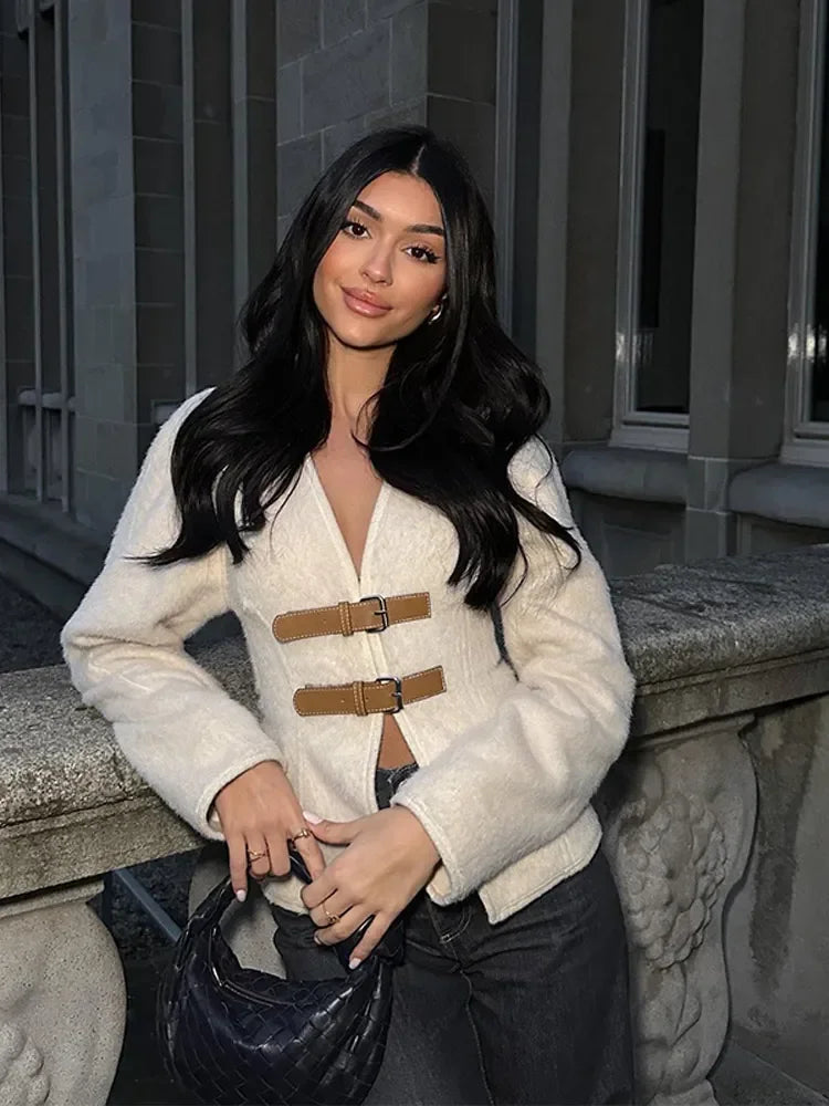 Aiertu  -  Chic Leather Belt V-neck Cardigan Jacket For Women Elegant Long Sleeved Outerwear 2026 New Autumn Female High Streetwear Aiertu