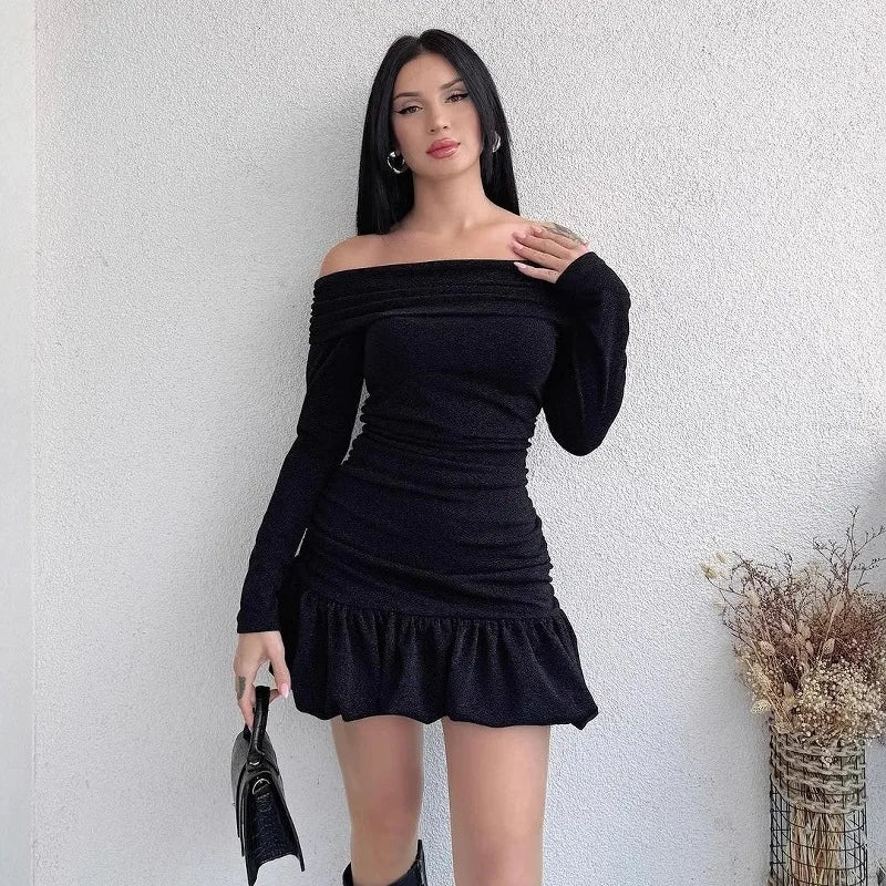 Aiertu  -  Off Shoulder Slim Ruffle Dress Female Bodycon Long Sleeve High Waist Pleated Mini Dresses Elegant Evening Sheath Dress Aiertu