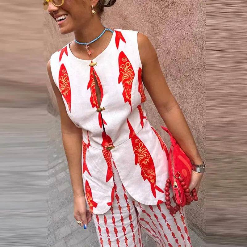 Aiertu    -  Fashion Women's Printed Vest Trouser Suits Sleeveless O-Neck Button Straight Pants Lady Sets 2025 Summer 2 Pieces Set Women Aiertu