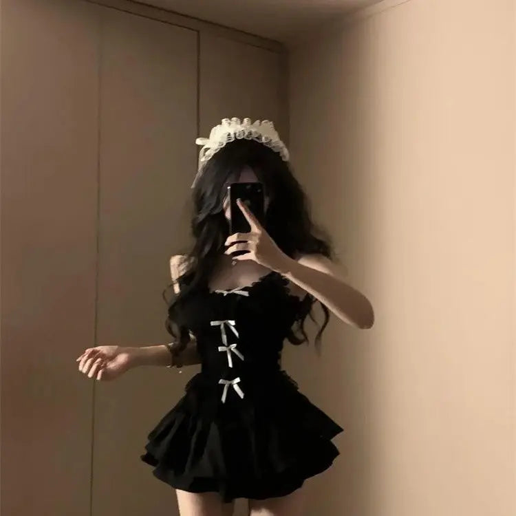 Aiertu  -  Sexy High Street Black Two Piece Sets Y2k Aesthetic Patchwork Lace Slim Bow Design Tank Top Punk A-line Tiered Girl Skirts Aiertu
