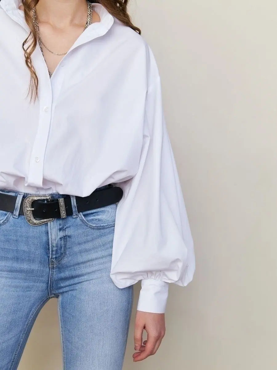 Aiertu  -  Loose O-neck Women Stylish Shirts Spring Summer Lantern Sleeve Single-breasted Female 100% Cotton Blouse Ladies Tops Aiertu