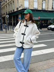 Aiertu  -  Fashion Contrast Lamb Wool Jacket  Women Casual Single Breasted Stand Collar Long Sleeves Thick Coat Autumn Winter Lady Outwear Aiertu