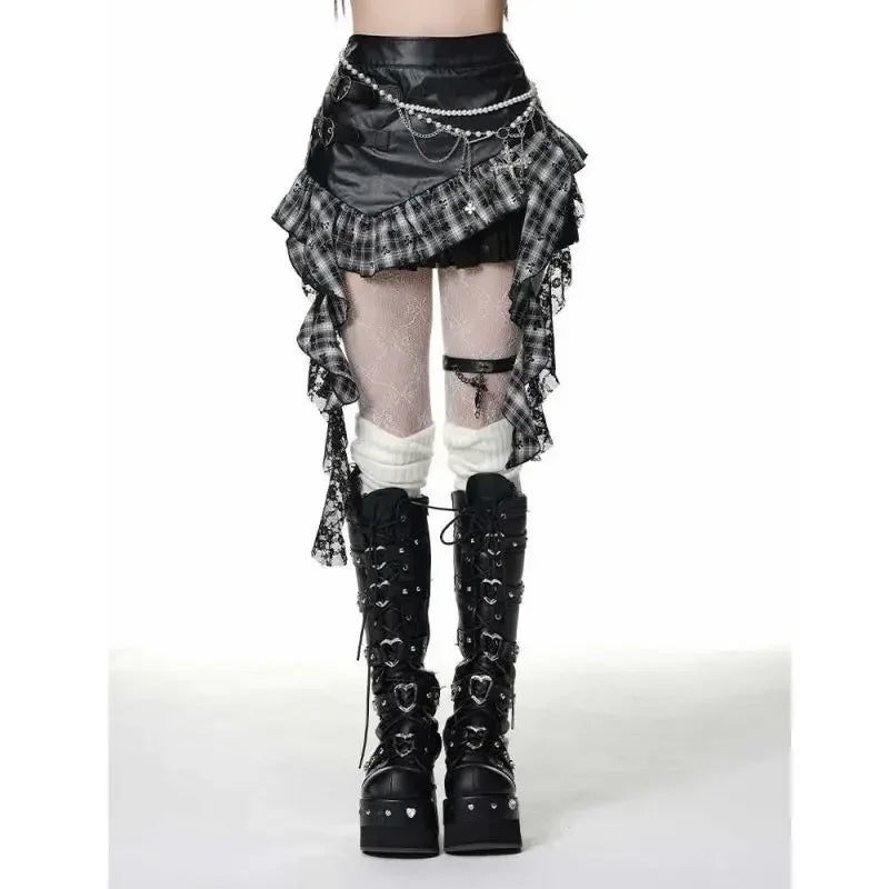 Aiertu  -  Y2K Street Trend Asymmetric Design Leather Stitching Lace Short Skirt Women's Shopping Versatile Hip-hugging Fashion Item Skirt Aiertu