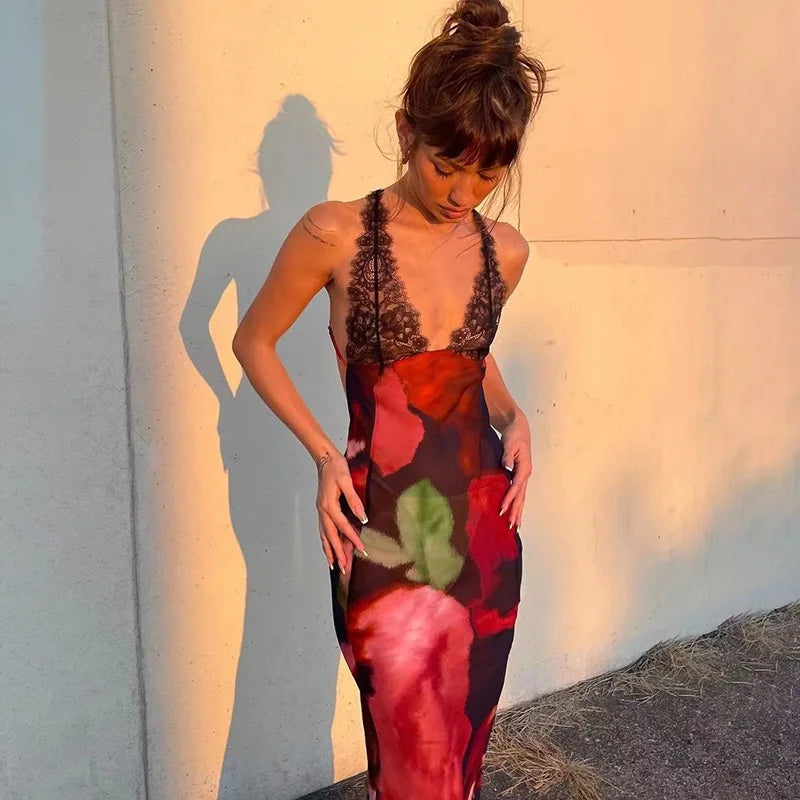 Aiertu  -  Spaghetti Strap Deep V Neck Lace Sleeveless Print Backless Maxi Hip Dress Spring Summer Y2K Street Trendsetter Vestidos Aiertu
