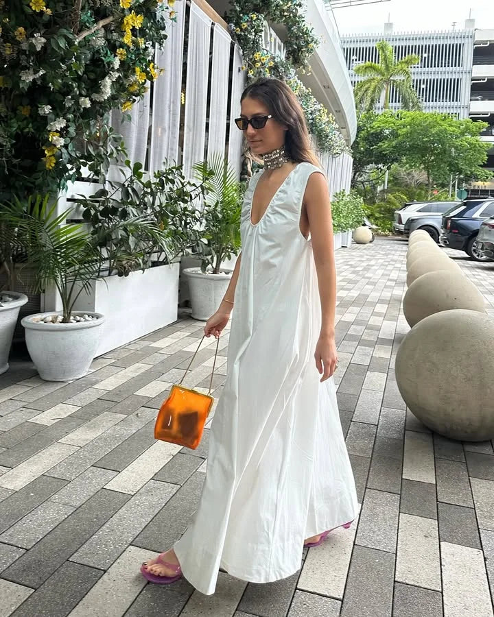 Aiertu  -  Sleeveless Summer Cotton Lined Long Dress Women Elegant V-neck Pleated Solid Loose Dresses Holiday Casual Evening Lady Vestidos Aiertu