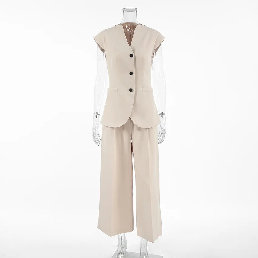 Aiertu  -  Elegant Pant Sets Summer Women's New Two Pieces Set Sleeveless Button-up Tank Tops And Wide Leg Pants Casual Solid Outfit Aiertu