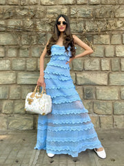 Aiertu  -  Knitted Lace Halter Long Dress Ruffles Pleated Hollowed Out Suspender Slim Fit Sexy Beach Women Strap Dresses Multi-Layer Robes Aiertu