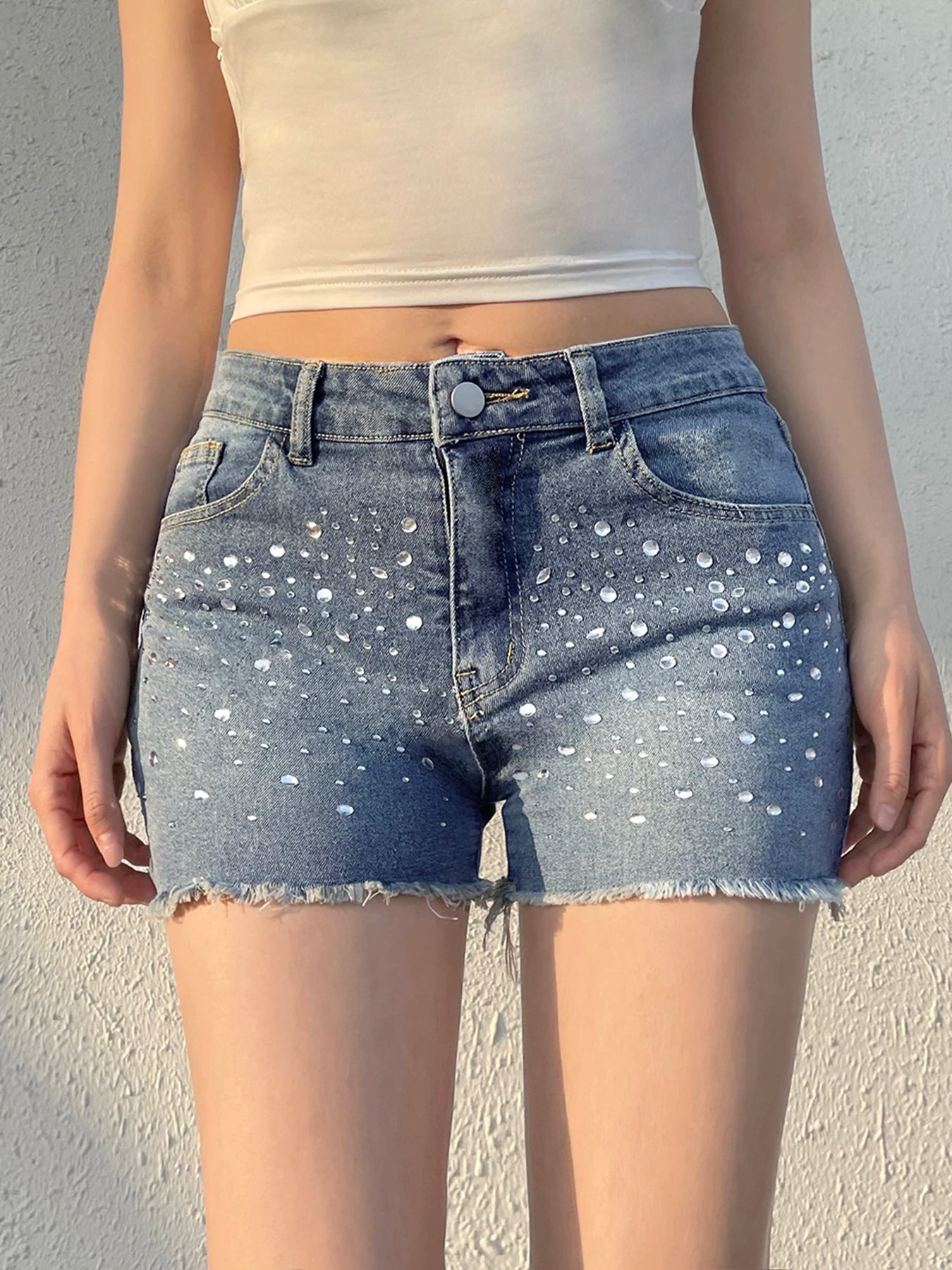 Aiertu  -  y2k Rhinestone Denim Shorts Summer Casual Low Rise Skinny Short Jeans for Women Streetwear All-match Shorts Harajuku 90s Aiertu