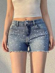 Aiertu  -  y2k Rhinestone Denim Shorts Summer Casual Low Rise Skinny Short Jeans for Women Streetwear All-match Shorts Harajuku 90s Aiertu