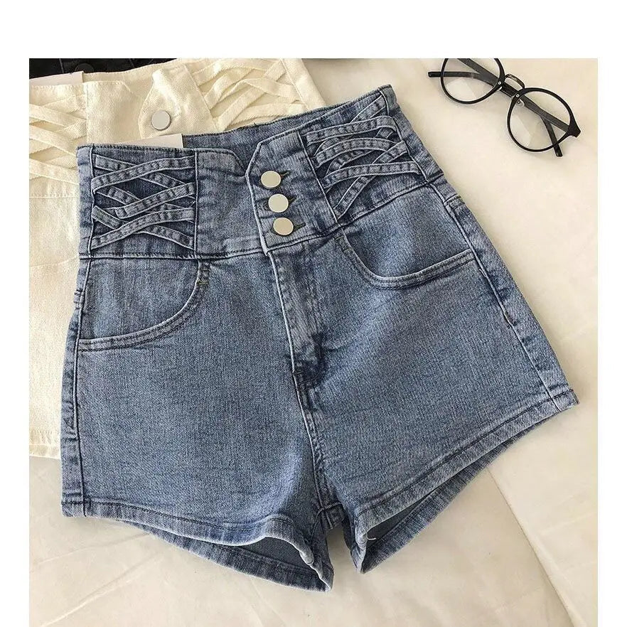 Aiertu  -  Harajuku Goth Light Blue High Waisted Jean Shorts New Loose Wide Leg Pants Fashion Single Breasted A Line Shorts for Women Aiertu