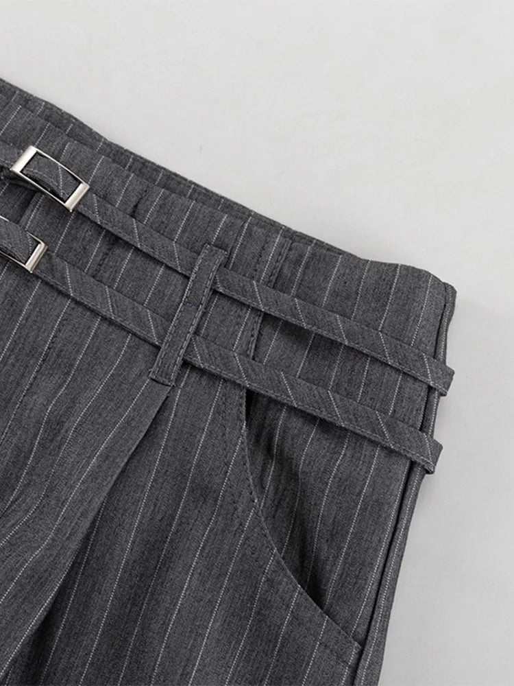 Aiertu  -  Commute Striped Pants Women High Waist Wide Leg Floor-length With Belt Pants Female 2025 Spring Summer Chic Street Lady Trousers Aiertu
