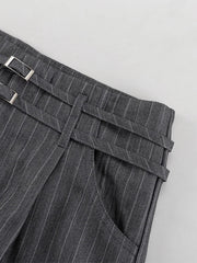 Aiertu  -  Commute Striped Pants Women High Waist Wide Leg Floor-length With Belt Pants Female 2025 Spring Summer Chic Street Lady Trousers Aiertu