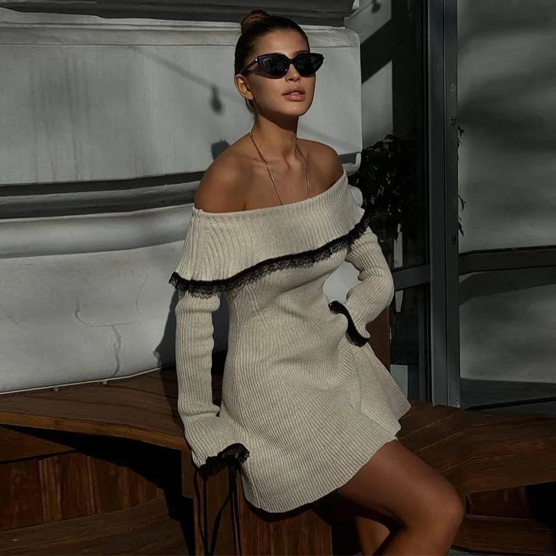 Aiertu  -  Women Off-Shoulder Lace Knitted Dress Long Sleeve Bodycon Sexy Mide Dresses Ribbed Elegant Casual Club Partywear 2026 Autumn New Aiertu