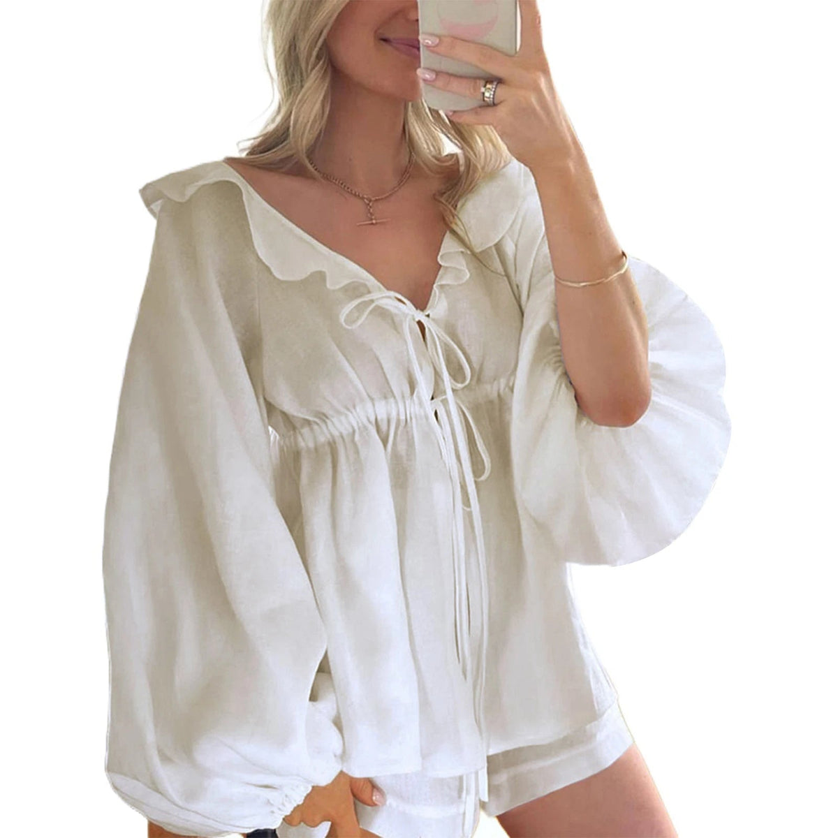 Aiertu  -  Women 2 Piece Outfits Ruffle Loose Tie Front Long Sleeve Shirt and Casual Elastic Shorts Club Streetwear Summer Clothes Aiertu