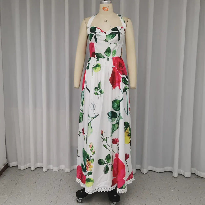 Aiertu  -  Maxi Dress Women's Summer Elegant Floral Print Halter Sleeveless Nipped Waist Pleated Party Holiday Dresses Streetwear Aiertu