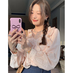 Aiertu Sweet Ruffles Shirts Women Korean Pink V Neck Long Sleeve Blouses Summer Ladies Fashion Elegant Loose Casual Chic Tops New Aiertu