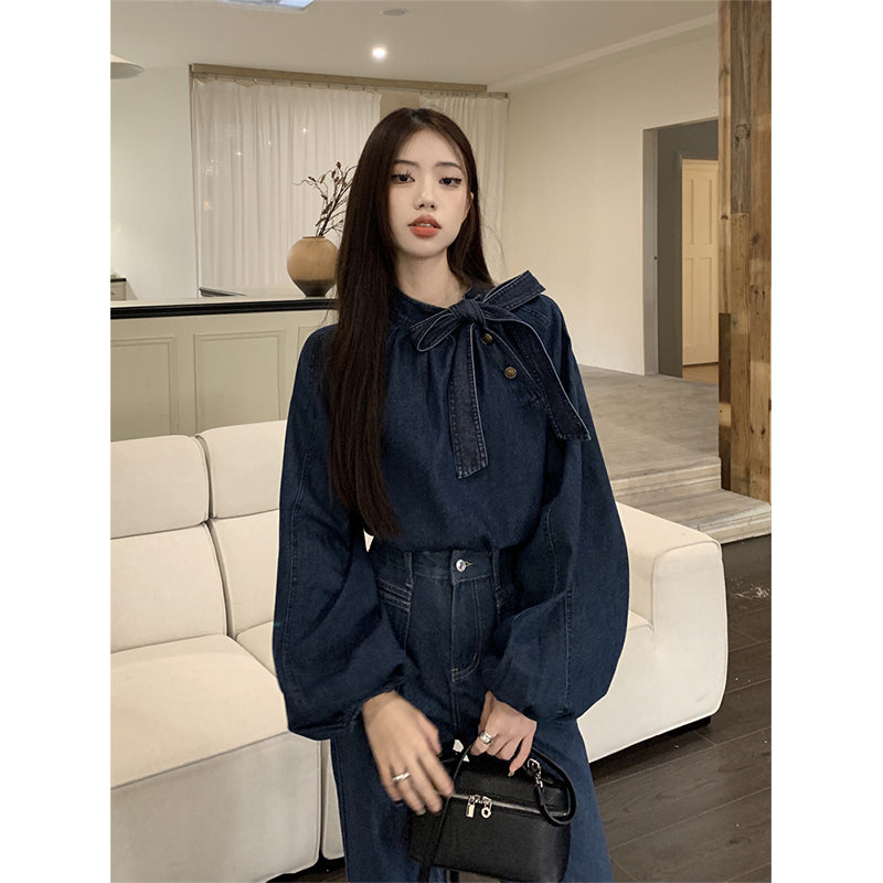 Aiertu Elegant Bow Denim Shirts Women Vintage Bandage Jeans Blouses Streetwear Korean Puff Long Sleeve Casual All Match Tops New Aiertu