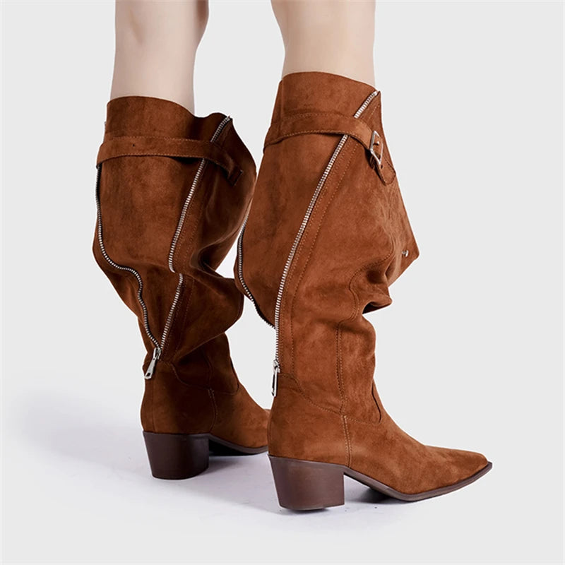 Aiertu  -  Designer Pointed Toe Western Cowboy Boots Women Chunky Heel Retro Belt Buckle Knight Boots Fashion Mujer Luxury Long Botas New Aiertu