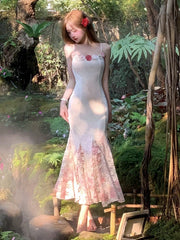 Aiertu  Women Elegant Floral Printed Lace Spliced Spaghetti Strap Mermaid Dress Chic Wedding Guest Evening Praty Dress Vacation Clothes Aiertu