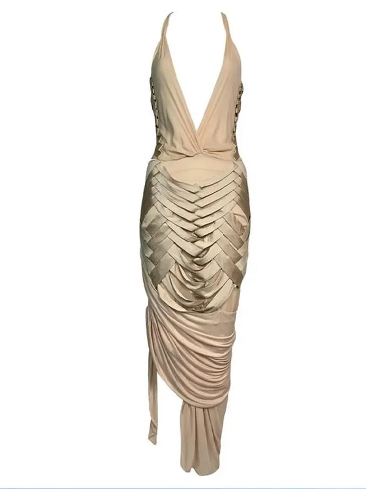 Aiertu  -  New Deep V Neck Backless Halter Dress Women Sexy Layer Hollow Out Sleeveless Slim Gowns Fashion Lady 2026 Party Vocation Robes Aiertu