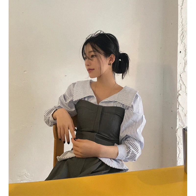 Aiertu Elegant Striped Shirts Women Korean White Long Sleeve Blouses Office Ladies Fashion Design Turn Down Collar Chic Tops New Aiertu
