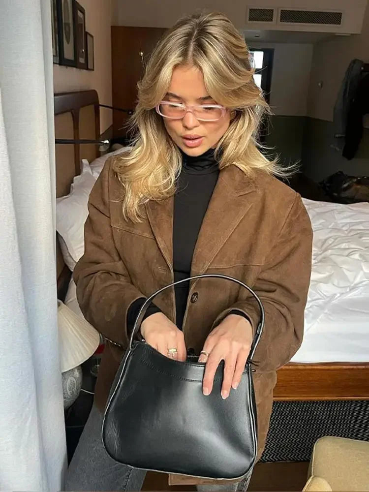 Aiertu  -  Woman Fashion Brown Lapel With Pocket Jacket Vintage Single Breasted Long Sleeve Short Coat Autumn Lady High Street Outerwear Aiertu