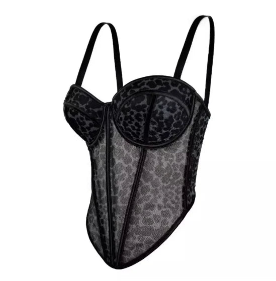 Aiertu  -  Women's Leopard Print Shapewear Splicing Camisole Top Mesh Lace Fishbone Bustier Inner and Outerwear Corset Top Lingerie Aiertu