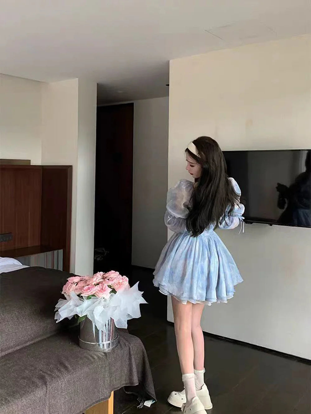 Aiertu DRESS TO IMPRESS Puffy Dress Puff Sleeves Women Elegant Summer Blue Birthday Party Dress Lady High Waist A-Line Gentle Sweet Dress Aiertu