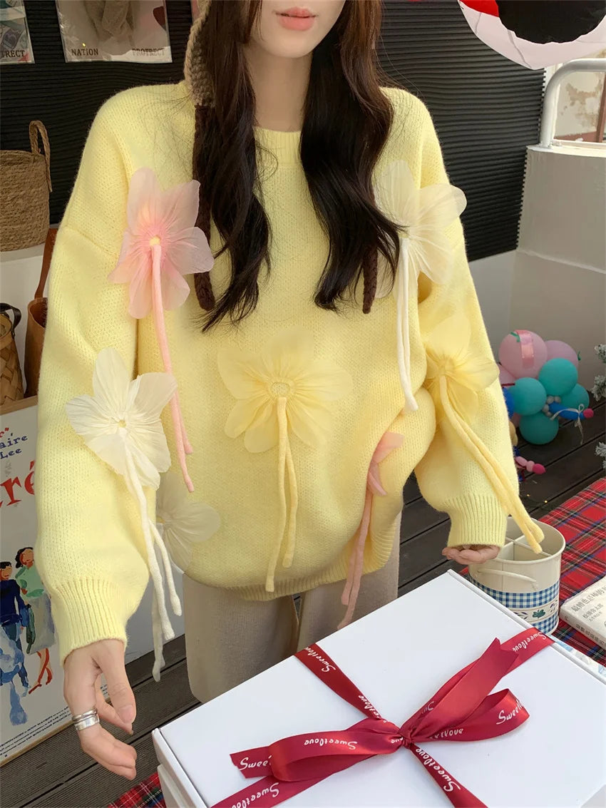 Aiertu  -  Korea Sweet Daily Sweaters Women Chic Loose Knitted 2026 Spring Pullovers Office Lady High Street Florals Gentle Casual Aiertu
