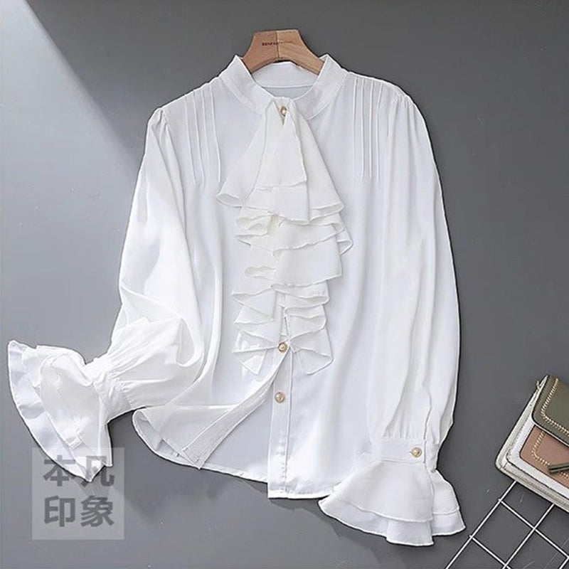 Aiertu Vintage White Shirts Women Elegant Ruffles Flare Long Sleeve Blouses Office Ladies Korean Single Breasted Design Chic Tops Aiertu
