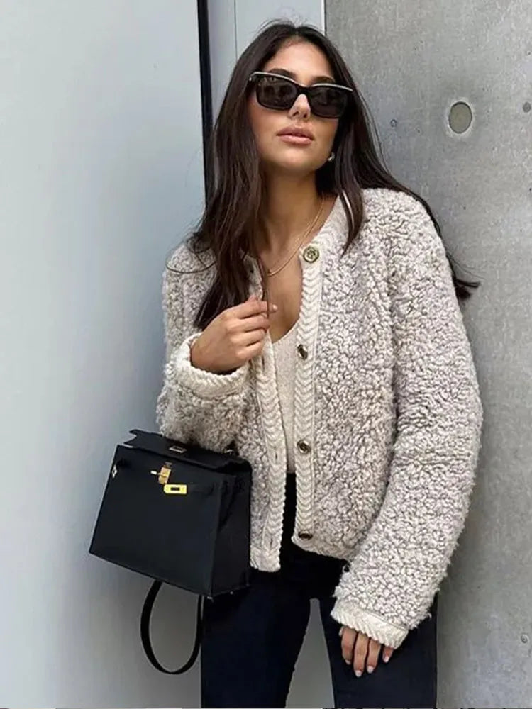 Aiertu  -  Elegant Lamb Wool Spliced Coats Women Casual O-neck Button Long Sleeve Female Jacket 2023 Autumn Winter Office Lady Commute Coat Aiertu