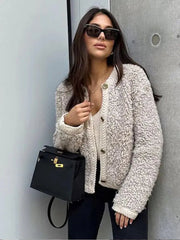 Aiertu  -  Elegant Lamb Wool Spliced Coats Women Casual O-neck Button Long Sleeve Female Jacket 2023 Autumn Winter Office Lady Commute Coat Aiertu