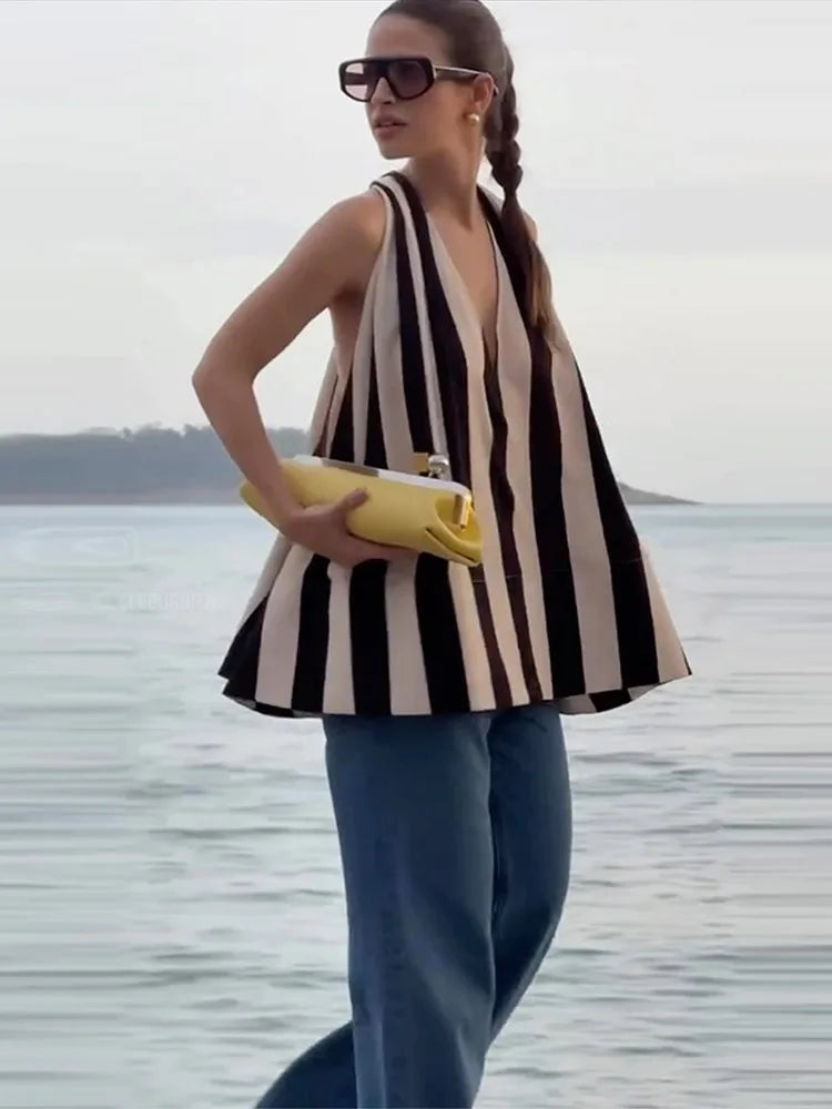 Aiertu  -  Trendy Sleeveless Striped Hang Neck Women Top Loose V-neck Backless A-line Vest 2026 New Season Casual Holiday Female Tops Aiertu