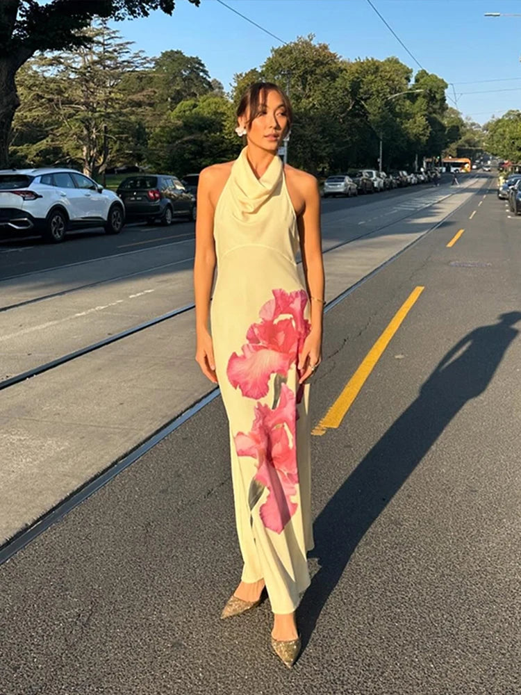 Aiertu  -  Retro Print Hang Neck Long Dress Women Elegant Sleeveless Backless Female Dresses Summer Sexy Slim Lady Evening Party Robe Aiertu