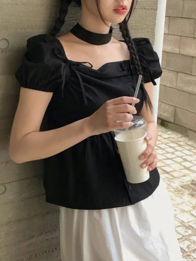 Aiertu  -  Summer Sweet Square Collar Women's Pullover Chiffon Shirt Fashion Folded Lace Bow Versatile Female Slim Fit Fluffy Sleeve Shirt Aiertu