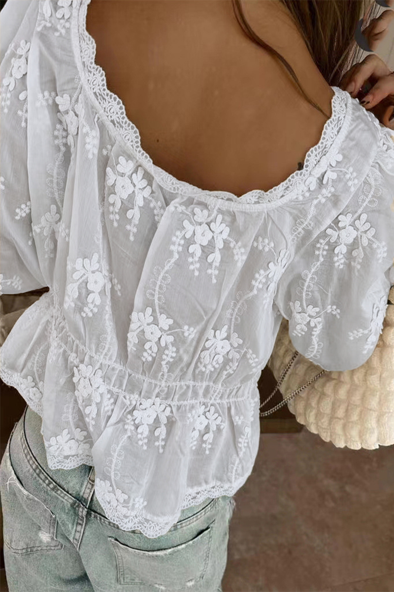 Aiertu  -  Sexy Daily Solid Color Embroidered Buttons See-Through U Neck Blouses Aiertu